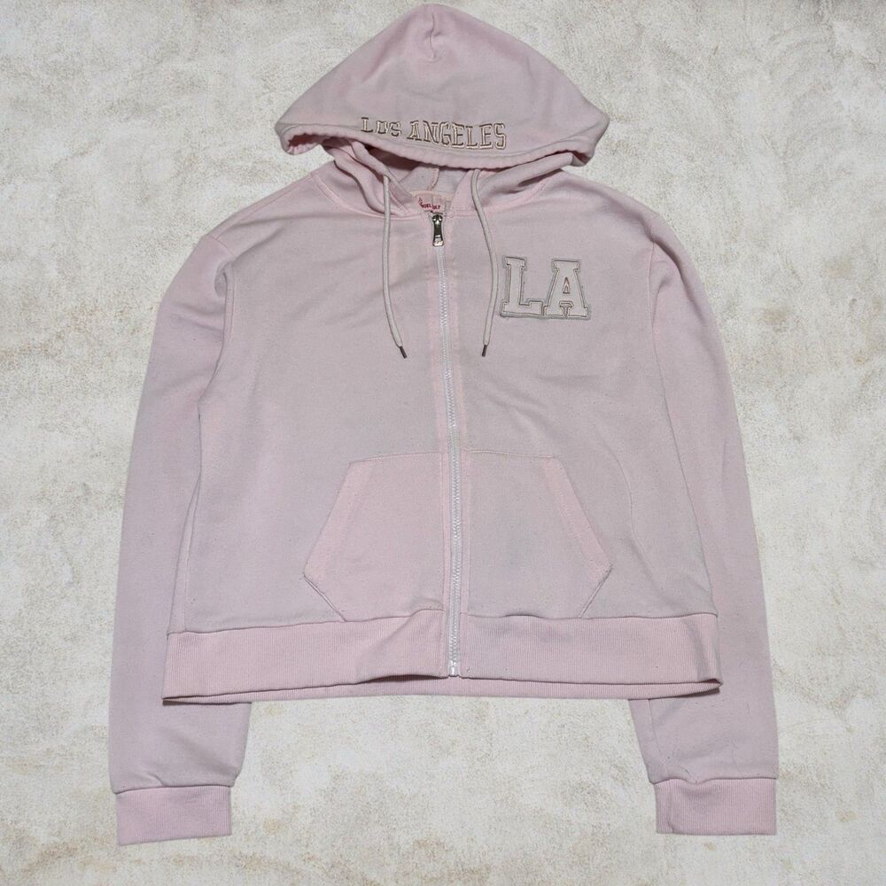 Angel Cult LA Zip Up Hoodie Sweatshirt Womens L Pink Los Angeles Cropped